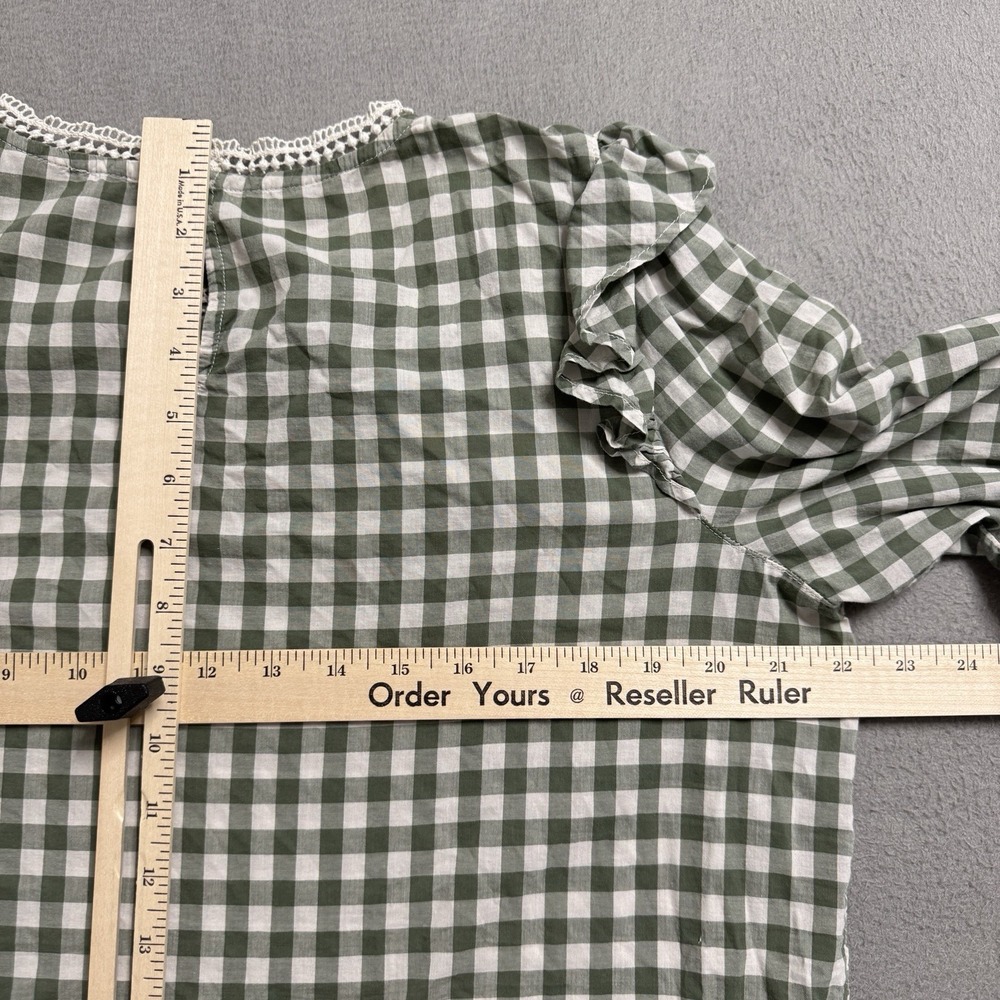 J Crew Blouse Womens Medium Green Gingham Lace Ruffle‎ Preppy Coastal Classic - Picture 6 of 9